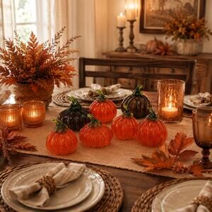 Lot of 6 Blown Glass Pumpkins Halloween Fall Thanksgiving Decor Orange Brown